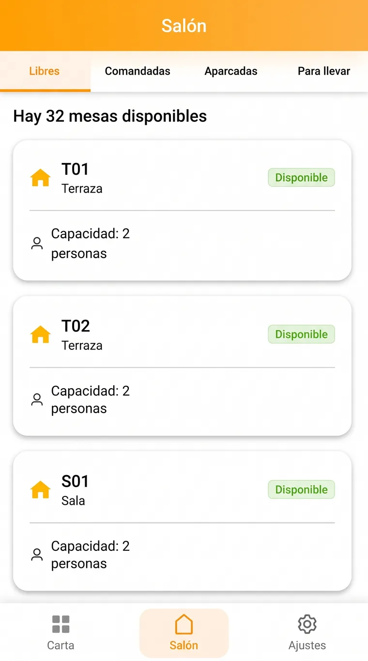 Comandero de Ofasty en un móvil, con la comanda de una mesa a medio tomar durante el servicio
